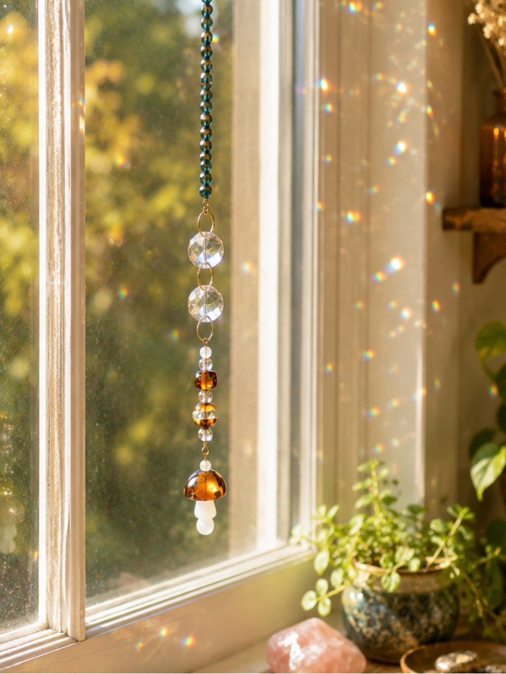 Artisan Vintage Bead Mushroom Suncatcher Chandelier Crystal 14”